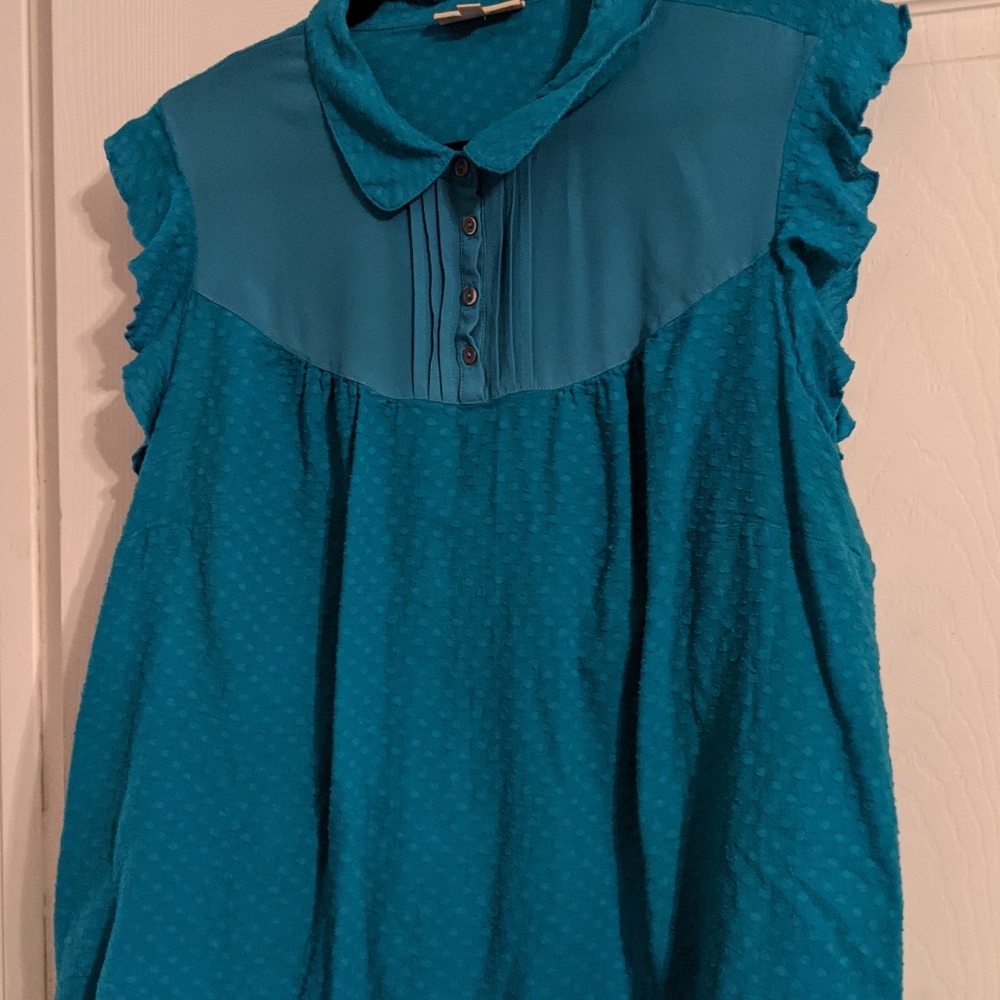 Teal swiss dot peter pan collar flutter sleeve blouse